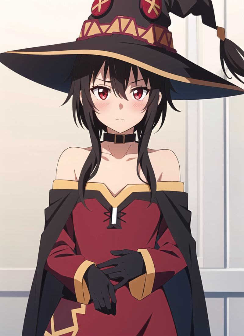 3978521866-3690578502-, megumin, 1girl, bare shoulders, black cape, black gloves, black hair, blush, cape, choker, collarbone, dress, hair between eye_ed.png